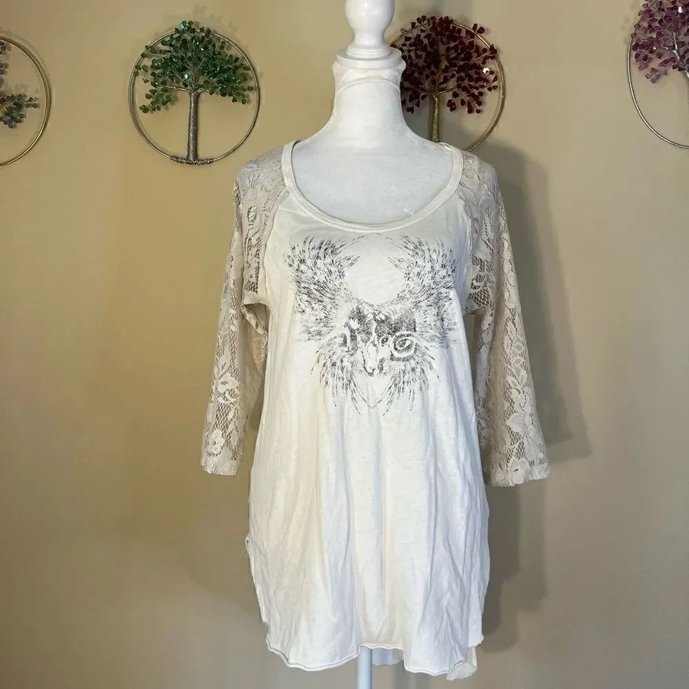 We The Free People Renegade Raglan Ivory 3/4  Lace Sleeve Top Size Small
